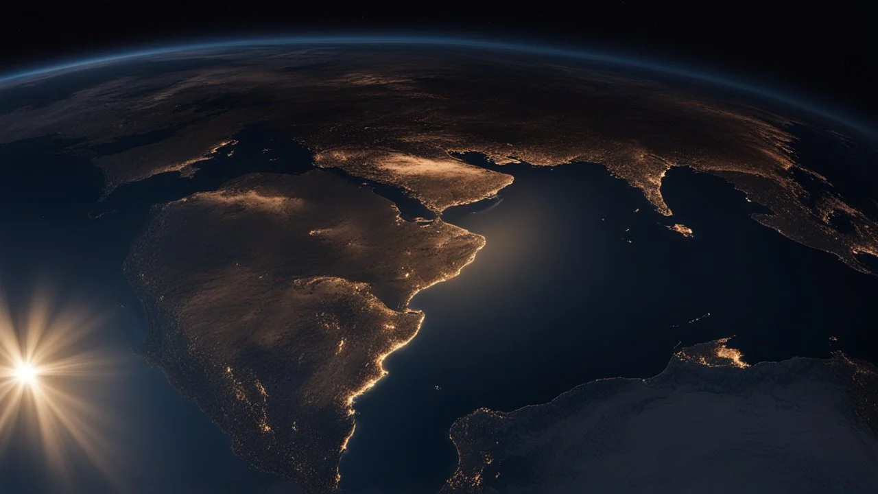 تصوير جوي للأرض من الفضاء، حيث يظهر الكوكب الأزرق الجميل في خلفية مظلمة وغامضة. تتلألأ سطح الأرض بألوانها المتعددة، ويتجلى لمحة من السحب والمحيطات. تنعكس ضوء الشمس بلطف على الجانب المضاء، مشيرةً إلى التنوع والجمال الذي تحمله هذه الكوكبة المعجزة.