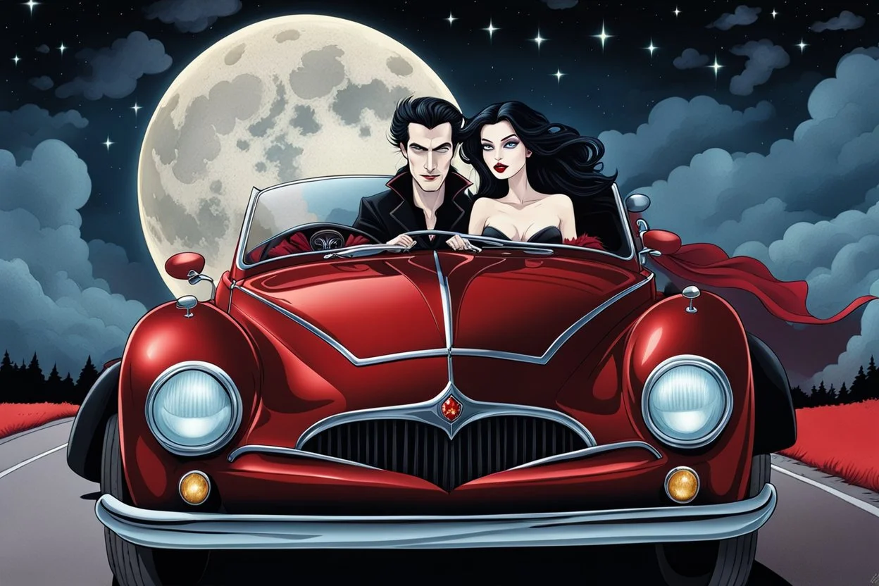 close up illustration from a surreal comics caracter vampire couple (pale skin, dark hair, black-dark red nice gothic clohts) riding a sport coupe car, driving toward you in Summer night,they looking at camera, Tim Burtron and El Kazovszkij style , blue sky with moon and stars. They driving down a surrreal crepy stunning scenic , surrounded by black trees siluette, high detailed, cold silver and dark colors, intricate details, beautifull shot, pale lights, surreal mood, anime, cinematic