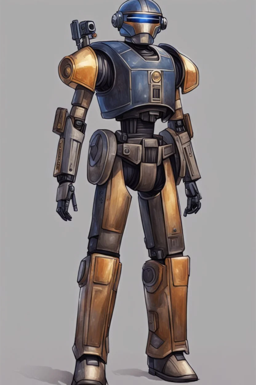 A Star Wars Combat Droid, Wearing Western Cowboy Clothes, Armor looks similar to Halo, Wearing a cowboy hat and a cowboy over coat.