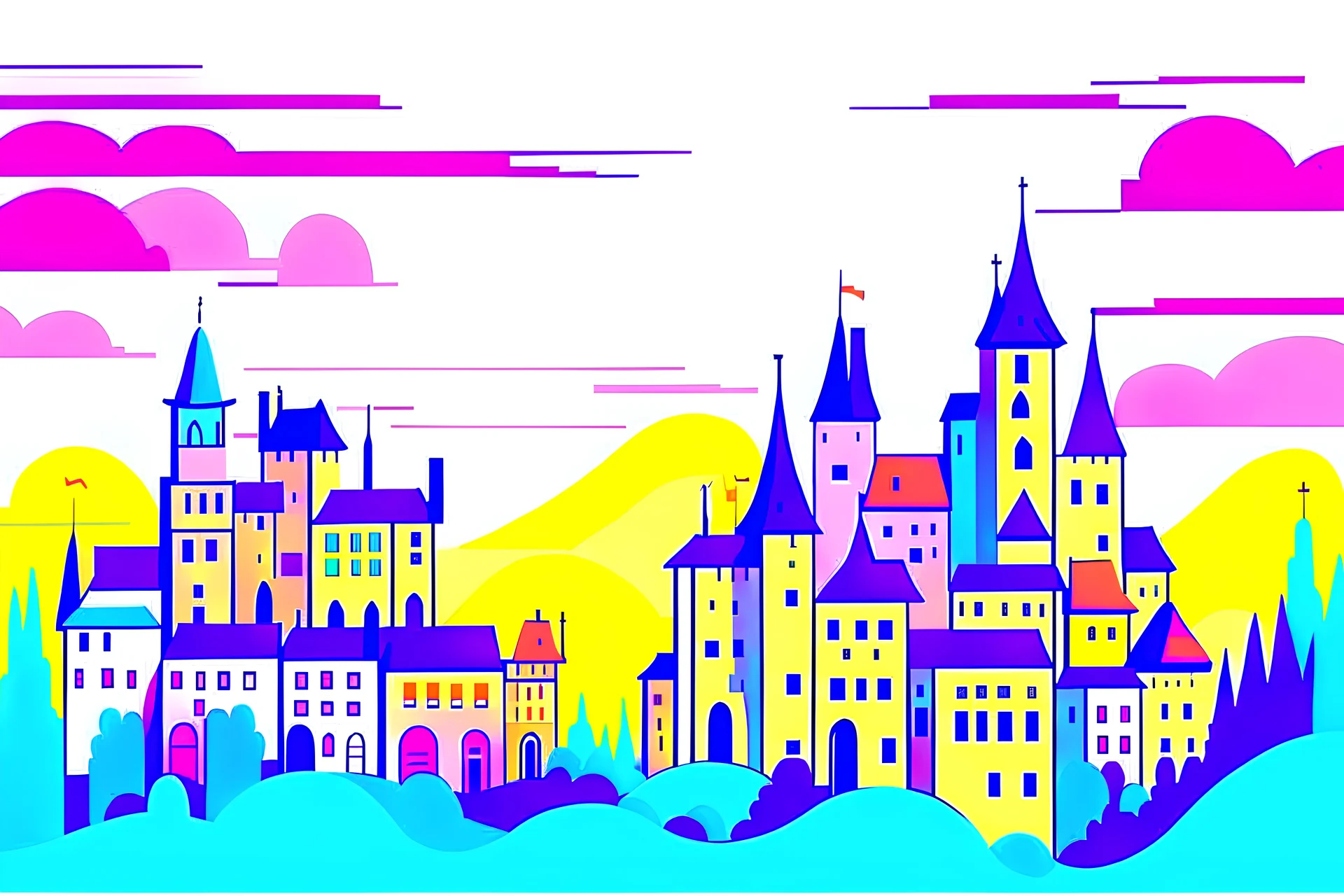 Scenes A skyview over a city in a not scary hell, a castle on a hill in the background, style: children’s book illustration, flat vector-like, no shadow, minimalistic, no outline