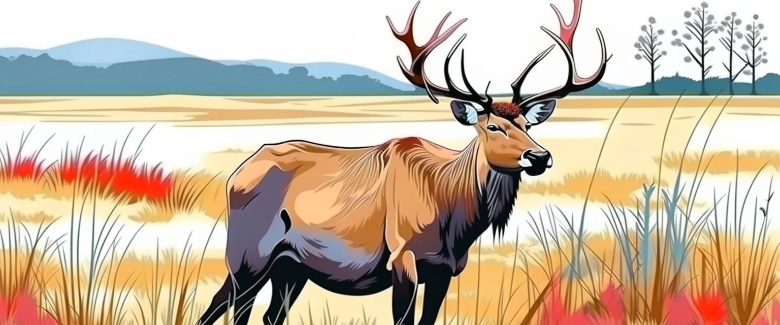 an Elk in a prairie field, wild grasses and bushes in corners of foreground, wildlife illustration