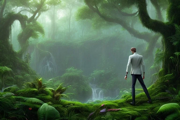 Man in Japanese clothes looking at jungle while it's raining , concept art, smooth, extremely sharp detail, finely tuned detail, ultra high definition, 8 k, unreal engine 5, ultra sharp focus, illustration, magic ambient