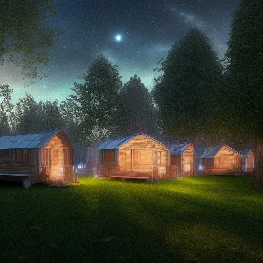 low angle photo mobile-home-park-at-night, volumetric lighting-8k-hdr