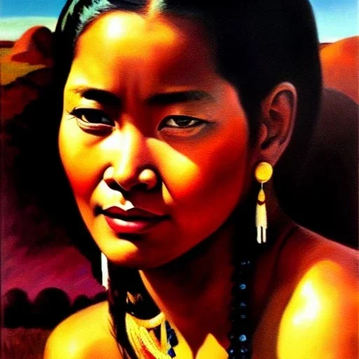 Drawing of 'woman from Afar tribe',sweet stare,painting by Earl Norem, simon Bisley,frazetta,西嘛哒, evan lee, Vallejo,kelly,Paul Gauguin oil on canvas, cinematic composition, extreme detail,fit full head inside picture,8k