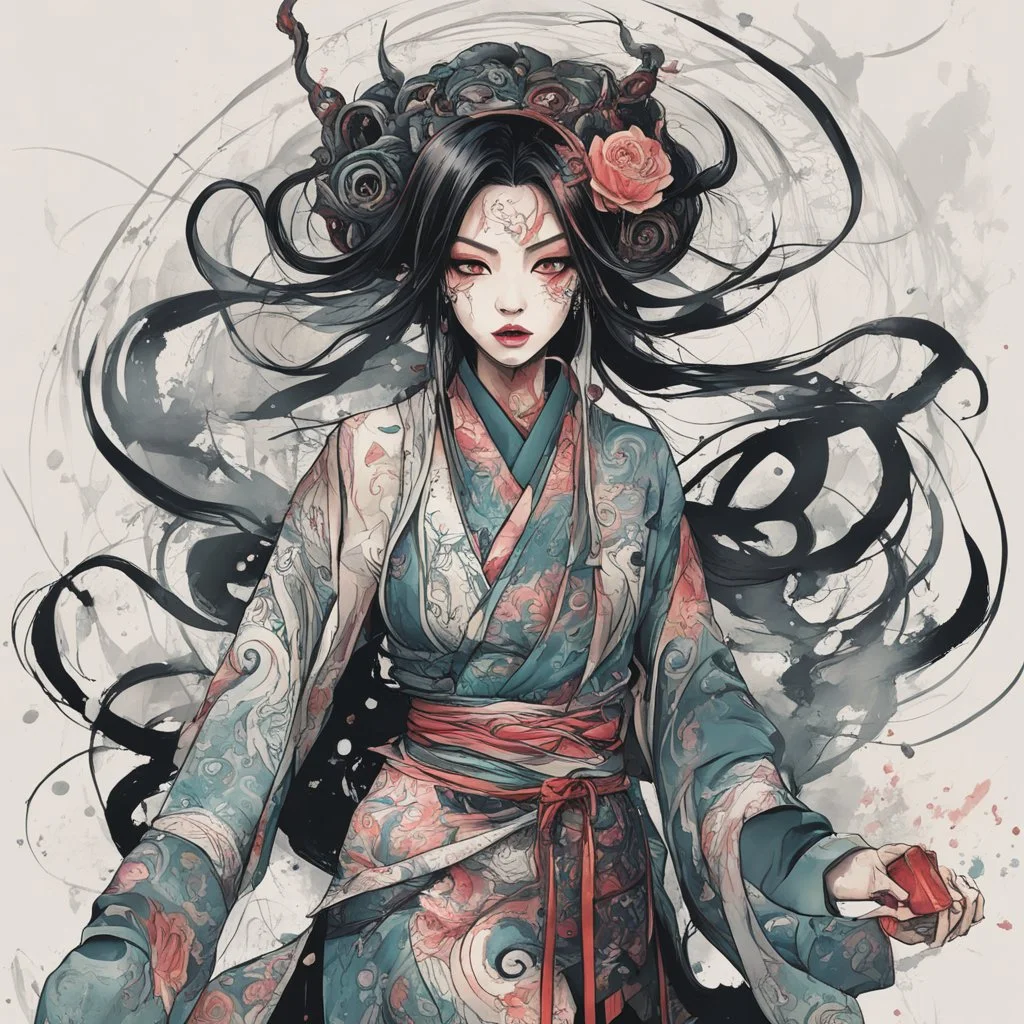 create an abstract expressionist full body illustration of a darkly magical, raggedly clothed Japanese sorceress with highly detailed and deeply cut facial features, searing lines and forceful strokes, precisely drawn, boldly inked, with rich striking pale winter colors