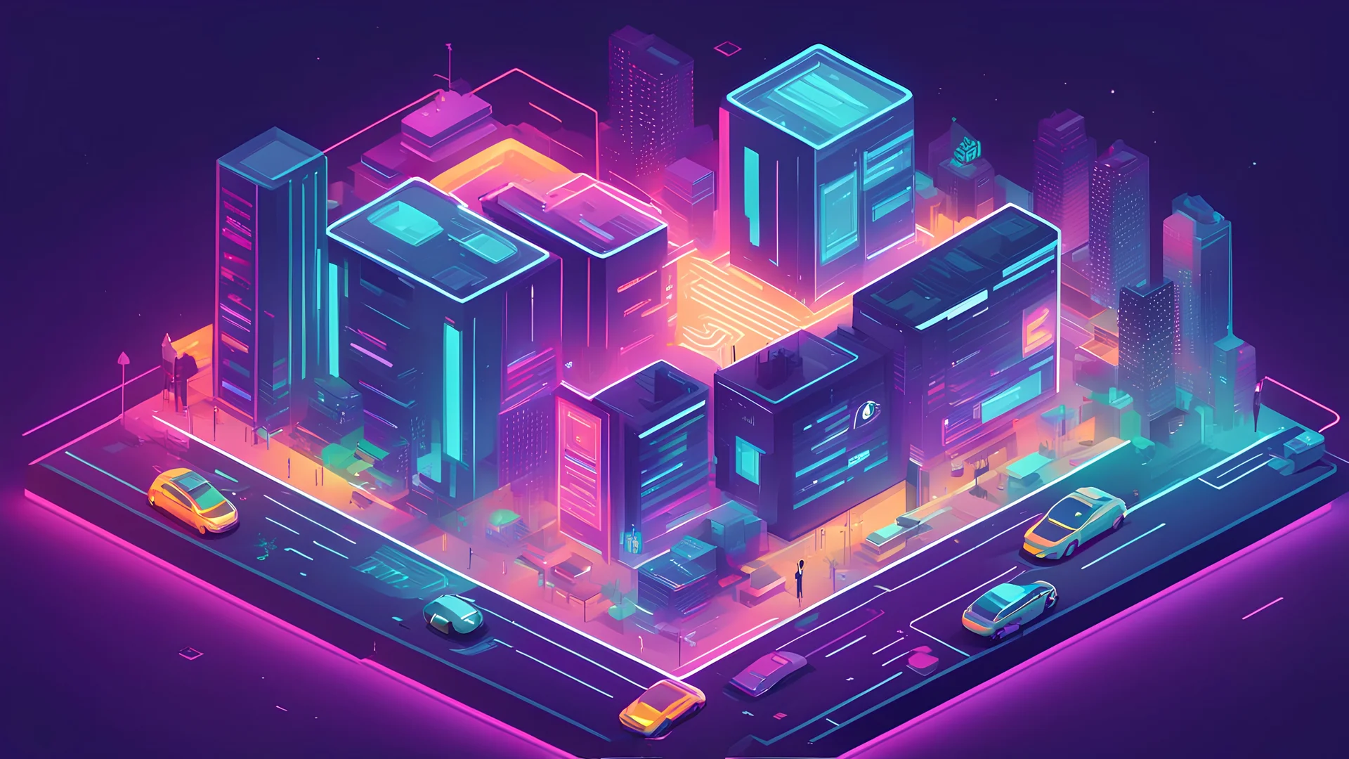 In a bustling city, a high-tech cybersecurity building stands prominent. Vector graphics. neon colours. isometric view. include cars and humans.