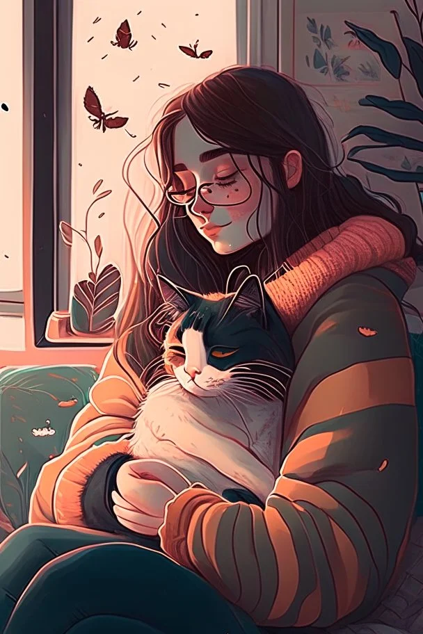 cozy vibes art girl with cat