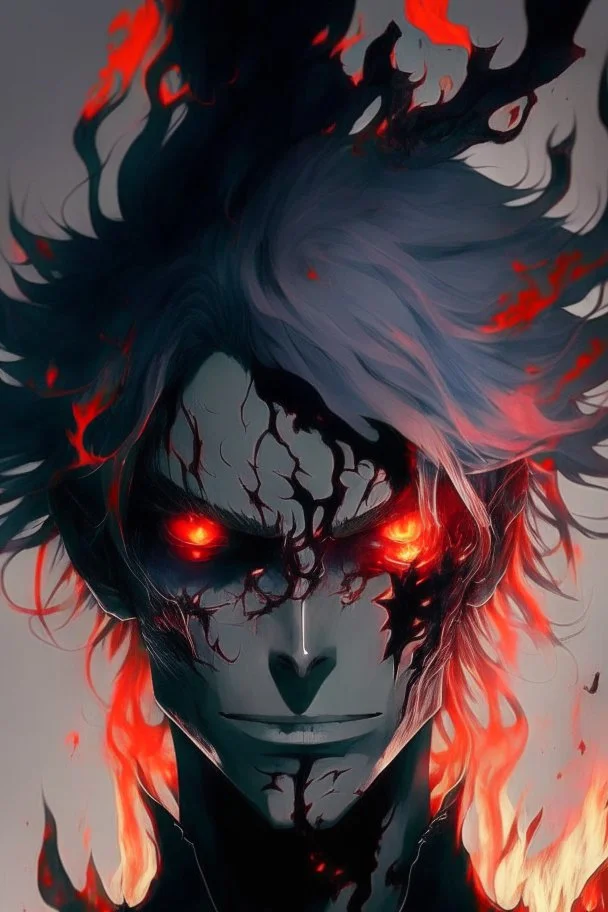 Anime with wight hair and black clothes and power fire and eyes of sharengan and cool face and blood in face