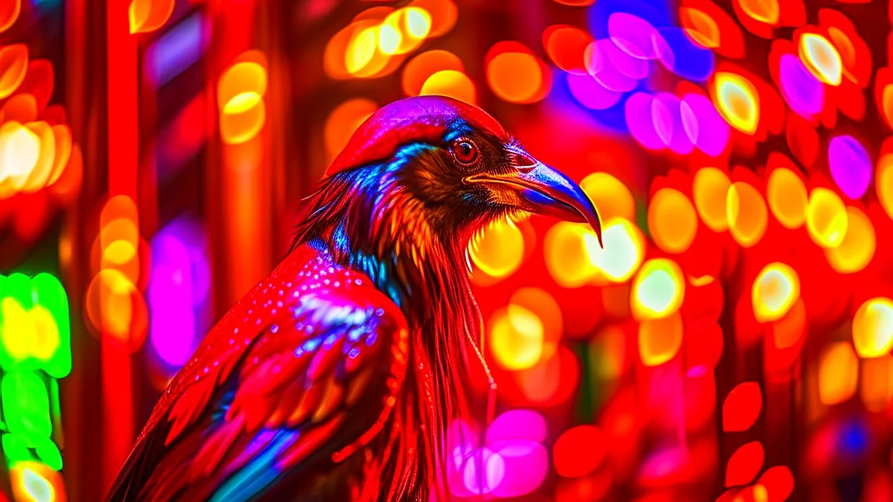 Capture a festive and whimsical image of a crow dressed in a motorcycle leather coat, surrounded by the warm glow of Christmas lights. Employ a photography style that seamlessly blends punk aesthetics with the joyous spirit of Christmas. Include a portrait shot of the crow to highlight its unique attire and personality. Ensure the composition reflects the edgy yet festive fusion, creating a visually captivating and Christmas-like scene.