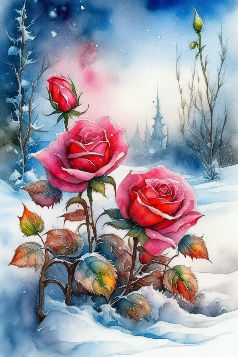 magic Winter landscape, blooming roses in the snow. Jean-Baptiste Monge style, watercolor, ink. Picturesque and colorful. Bright colors of the ring exquisitely luxury chic aesthetics photo harmony professional photo 64K pixel graphics high detail bright lighting