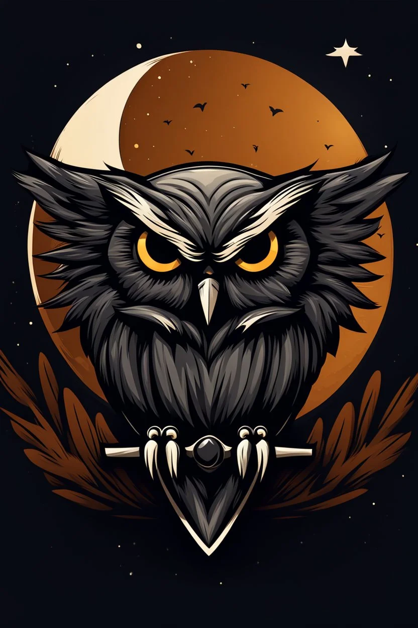 A brand logo with one owl flying with the moon behind. Minimalist and stylized