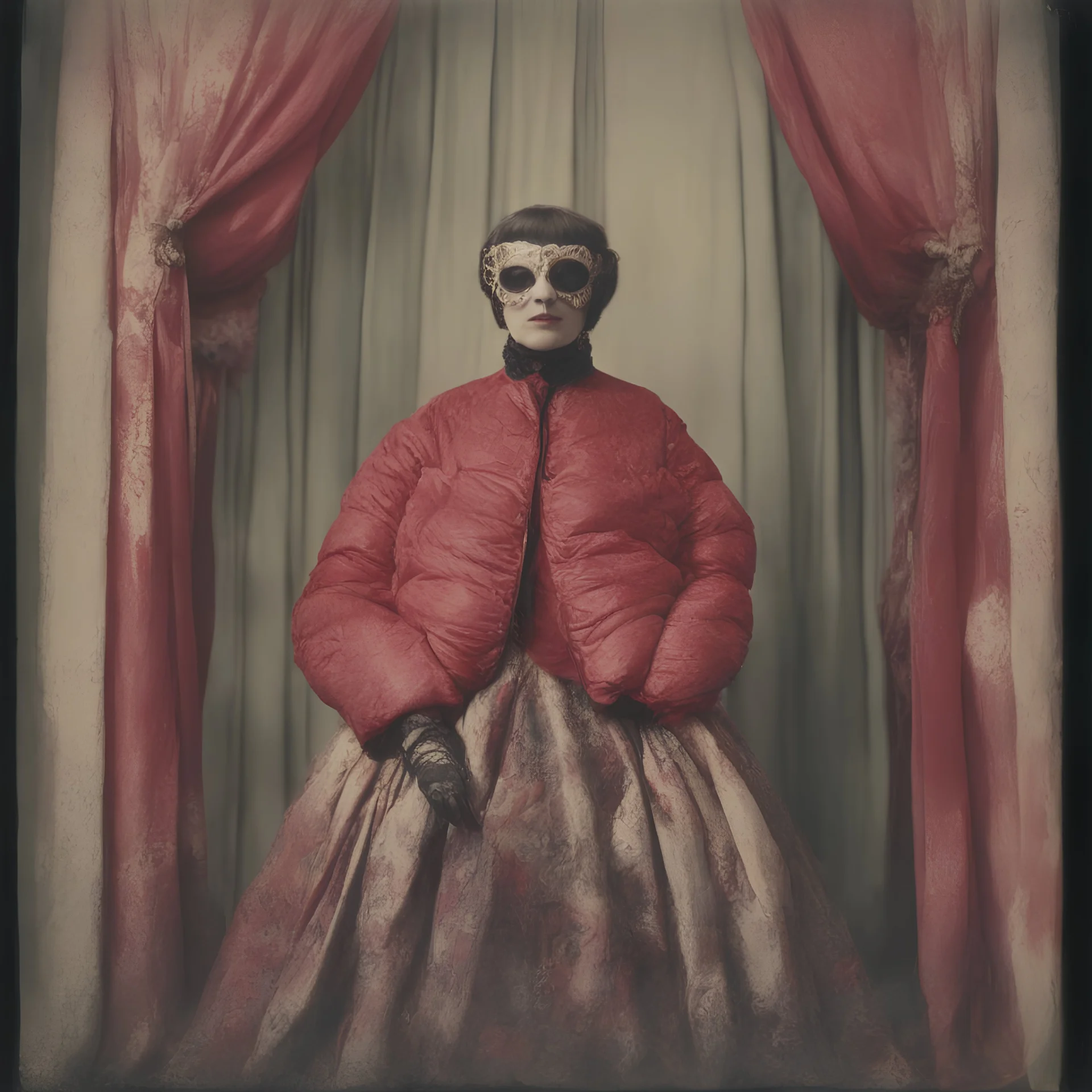 Countess da Castiglione,with a mask,, red, autochrome, plastic puffy jacket, heavy curtain
