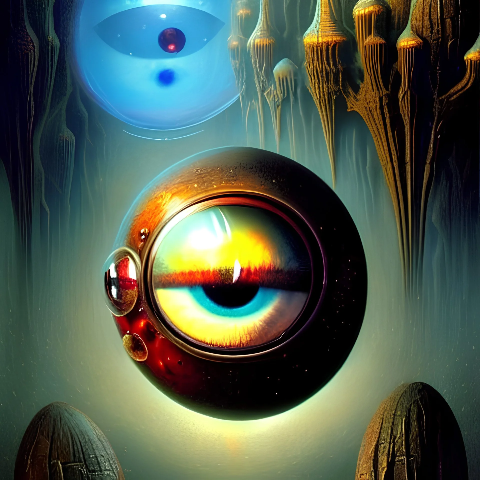 realistic extremely detailed image of big eye in glass sphere ##floating in the air## surrounded by DMT elfs by Karol Bak, Greg Hildebrandt, and Mark Brooks, Neo-Gothic, intricate, surrealism, science fiction, rich deep colors. by Goro Fujita and Simon Stalenhag, Beksinski, 8k masterpiece