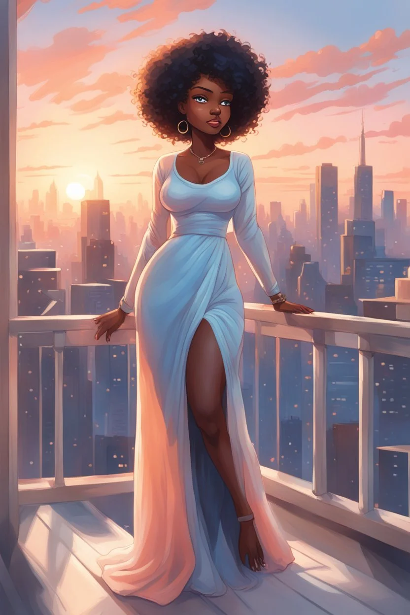 The scene opens onto a serene balcony overlooking a bustling city skyline. The sky above is painted in soft hues of blue and peach as the sun begins its descent, casting a warm glow over everything it touches. In the foreground stands a captivating figure, airbrush chibi cartoon curvy black woman exuding confidence and elegance. She is adorned in a flowing white knit maxi dress that hugs her curves in all the right places, accentuating her silhouette. Her choice of footwear is equally stunning