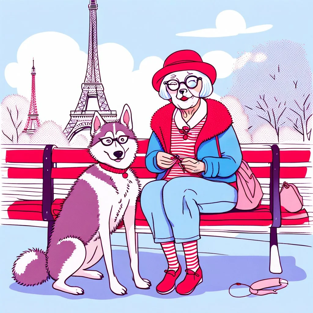 An elderly woman is knitting on a park bench, accompanied by her furry companion - a calm husky dog ​​resting next to her. In the background is the Eiffel Tower. The woman's lively personality shines through her whimsical outfit - a light blue sweater, striped tights and large round glasses perched on her nose. Her spiky red hair adds a touch of glamor to the scene. The sweet dog, with a shaggy yellow coat, lies peacefully with his head resting on the knitted fabric, providing a faithful compani