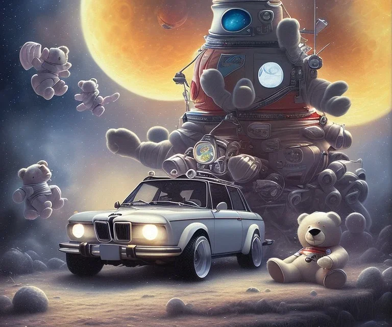 little boy and big teddy bears on moon. drifting in old bmw. oil on canvas