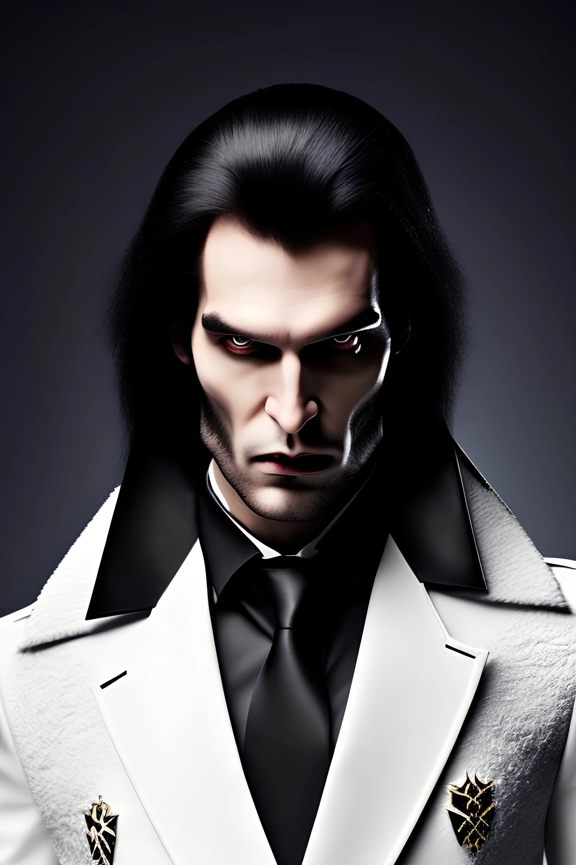 a tall, imposing Vampire, with broad shoulders and massive arms, Long, black hair, a nose that curves down like a vultures beak, a large, square chin with a large impression denting the center of it, extremely pale skin, dark, evil eyes, wearing a black leather jacket and pants with a black high collared leather cape, realistic lighting, Very accurate, full body portrait, eyes looking directly into the camera in dark dramatic lighting, realistic, photorealism, 4k, HD, Ultra-HD,