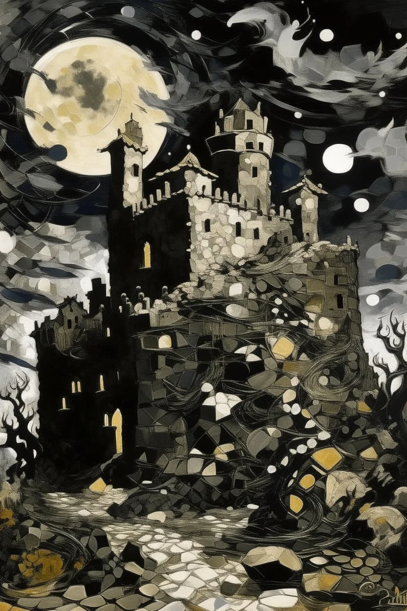 A black giant castle in a chaotic outer space designed in ancient Roman mosaics painted by John Singer Sargent