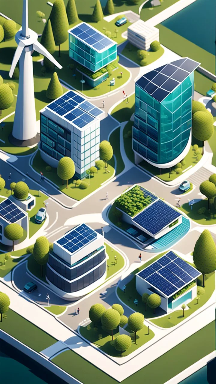 Create an isometric illustration of the city of Solglans, depicting it as a futuristic and sustainable urban environment. Show buildings with vertical solar panels on their rooftops, innovative wind turbines scattered throughout the cityscape, and green spaces integrated seamlessly into the urban fabric. Emphasize the use of advanced technology, such as smart grids and wireless communication networks, to convey the city's commitment to innovation and sustainability.