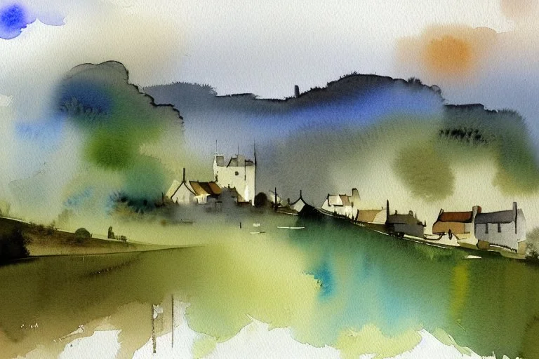 Watercolour of English countryside in the style of john lovett