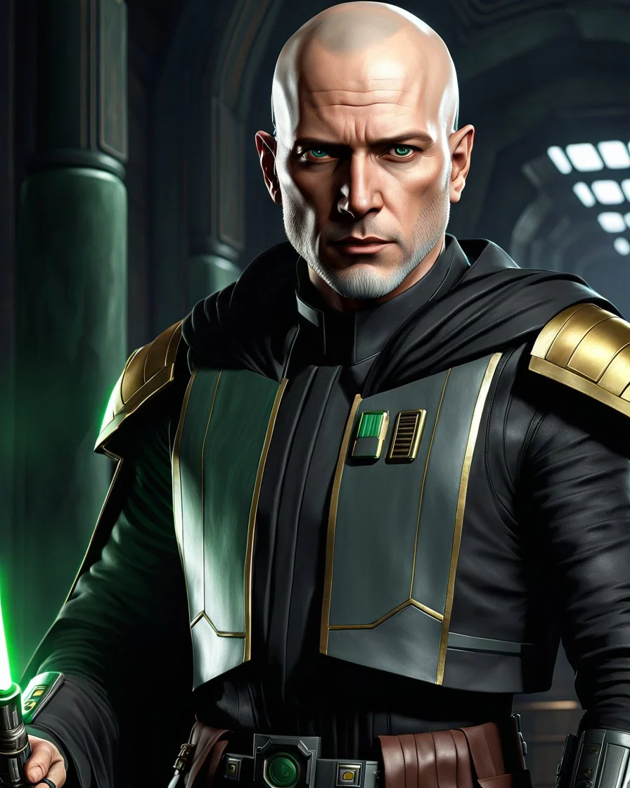 star wars bald male corellian jedi pilot wearing black and gunmetal grey old republic armored robes with gold trim inside the jedi temple holding a lightsaber with viridian green blade in left hand, centered head and shoulders portrait, hyperdetailed, dynamic lighting, hyperdetailed background, 8k resolution, volumetric lighting, light skin, fully symmetric details