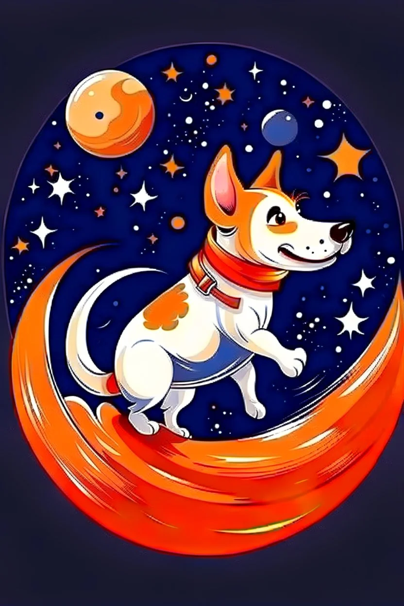 white and orange dog flies to the moon top of the a rocket