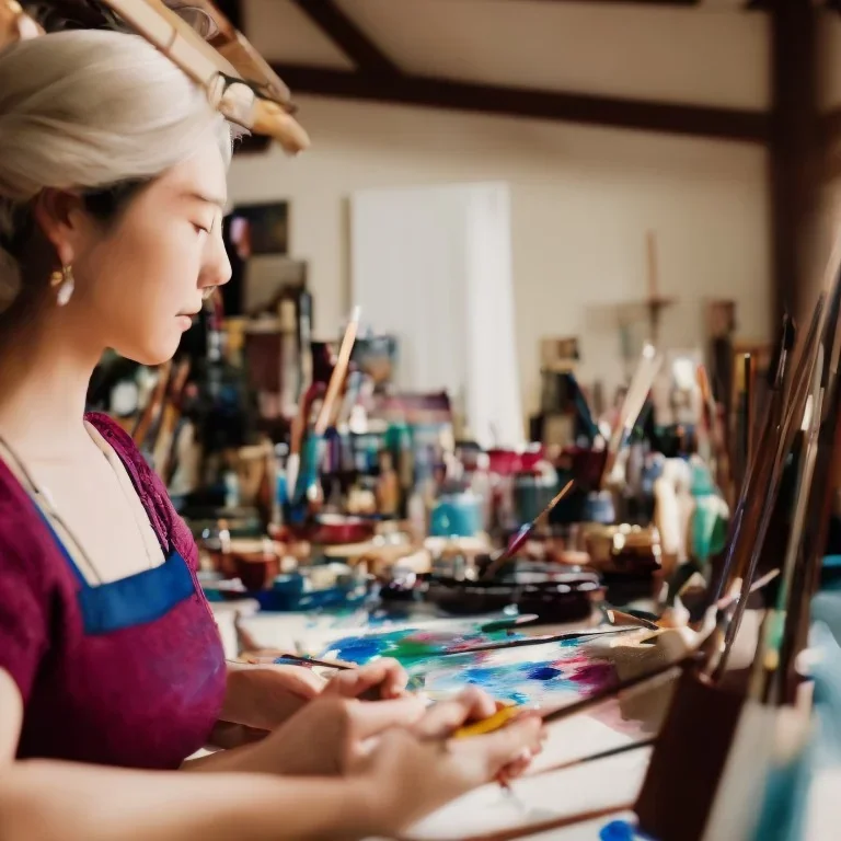 Close up of Beautiful female artist painting a self portrait in her attic studio, dramatic light, shadows