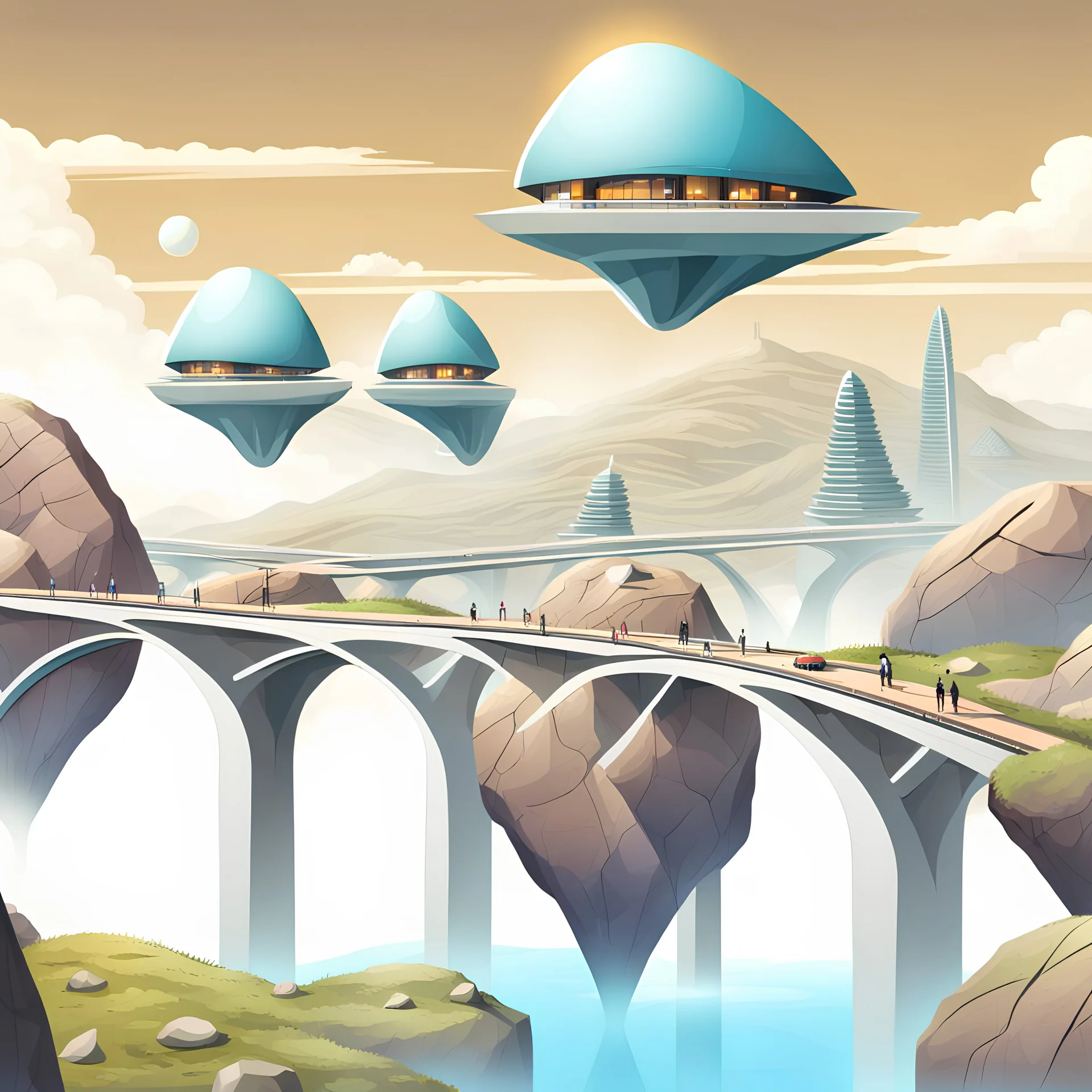 Architecture in the Future, Landscape, with crazy houses on flying Stones with connected by suspencion bridges