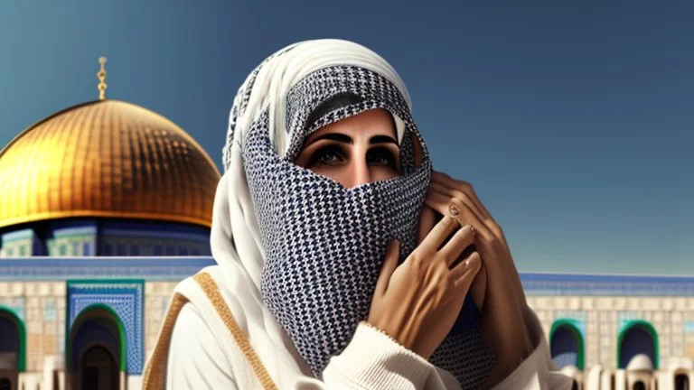 A woman wearing a keffiyeh holds the Dome of the Rock in her hands