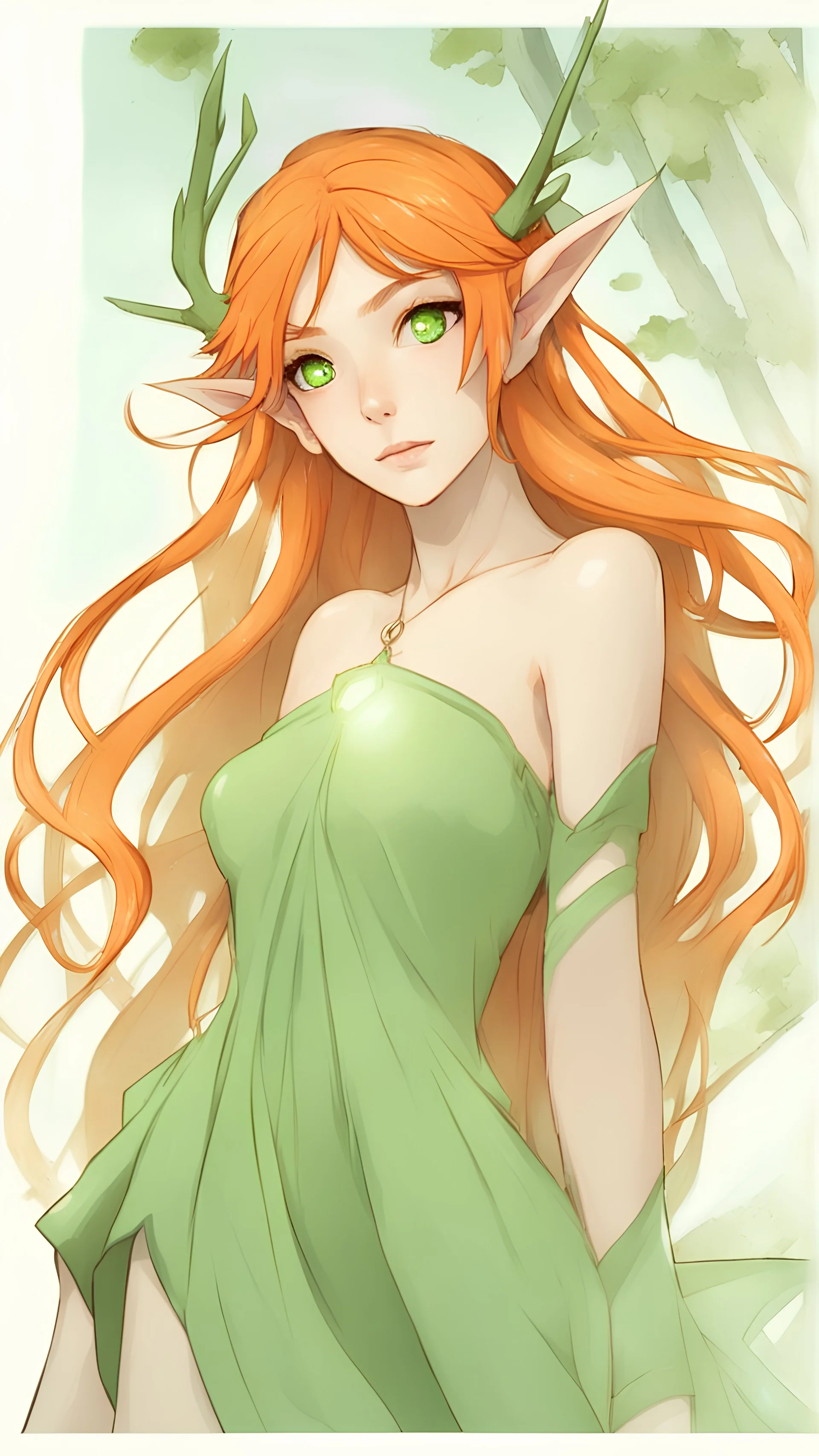 Hot Elf with orange hair and glowing green eyes She wears a light green dress