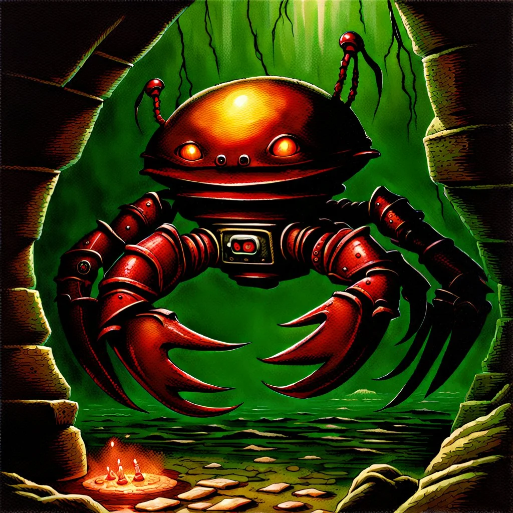 90's TCG fantasy artwork art of robot crab in sewer