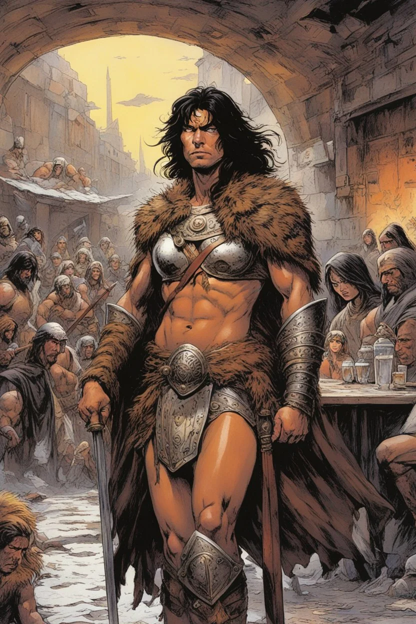 Ernie Chan Savage Sword of Conan #22: In a bustling café, the Wounded Gallic Warrior and the woman resembling the Sleeping Hermaphrodite find solace amidst the chaos of the modern world. His tattered armor and fur-lined cloak clash with the contemporary setting, drawing curious glances. Her flowing garments blend seamlessly with both ancient and modern realms. Their eyes meet, conveying determination and empathy. The warrior confesses his struggle with the unfamiliar surroundings, seeking guidan