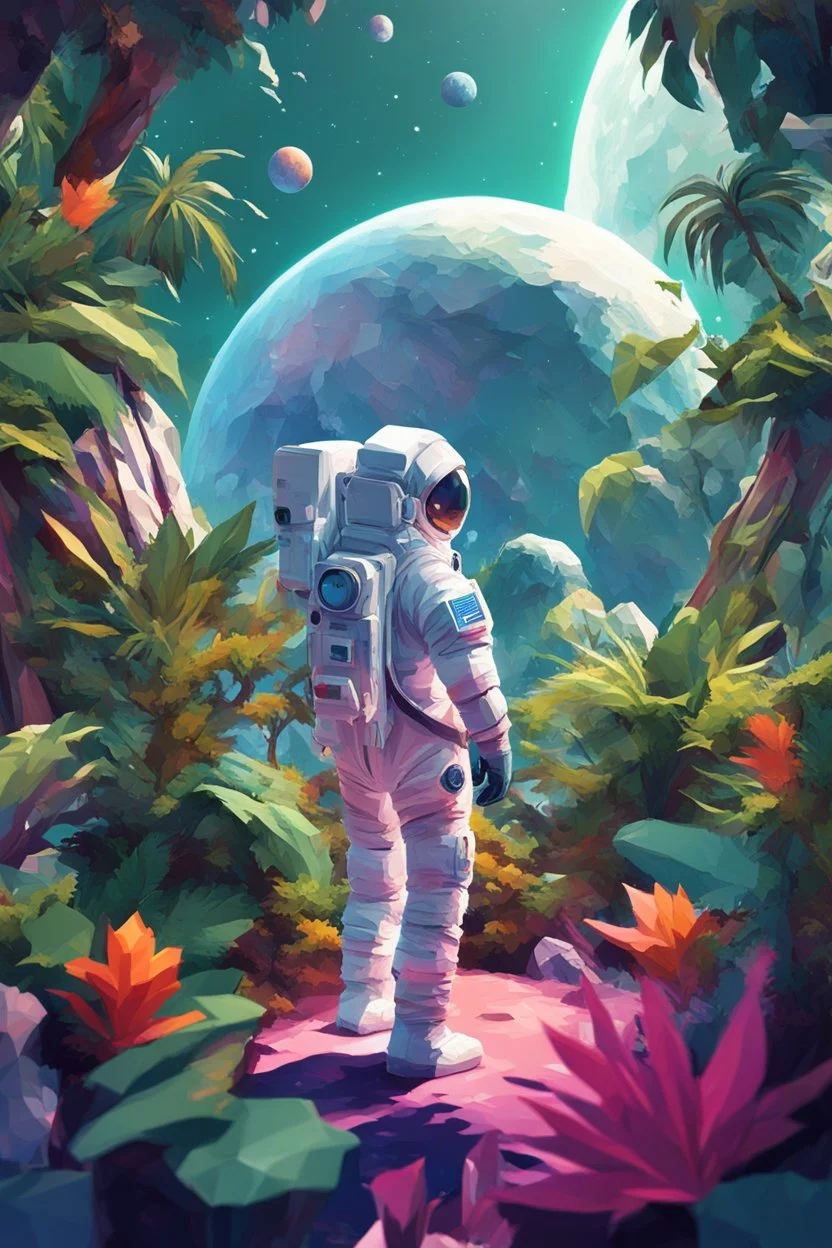 (((close midshot))), (((low poly art:2))), (astronaut), ultra-detailed illustration of an environment on a dangerous:1.2 exotic planet with plants and wild (animals:1.5), (vast open world), astronomer inspired, highest quality, no lines, no outlines candid photography.