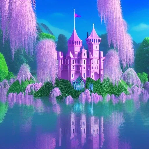 a pink castle, magical crystal pink castel, vertical light, pink and blue wisteria , pink vertical, blue lake,sharp, background vertical blue gradient vertical, elegant, highly detailed, artstation, concept art, smooth, sharp focus, illustration, 8k, splash art, wallpaper, key visual