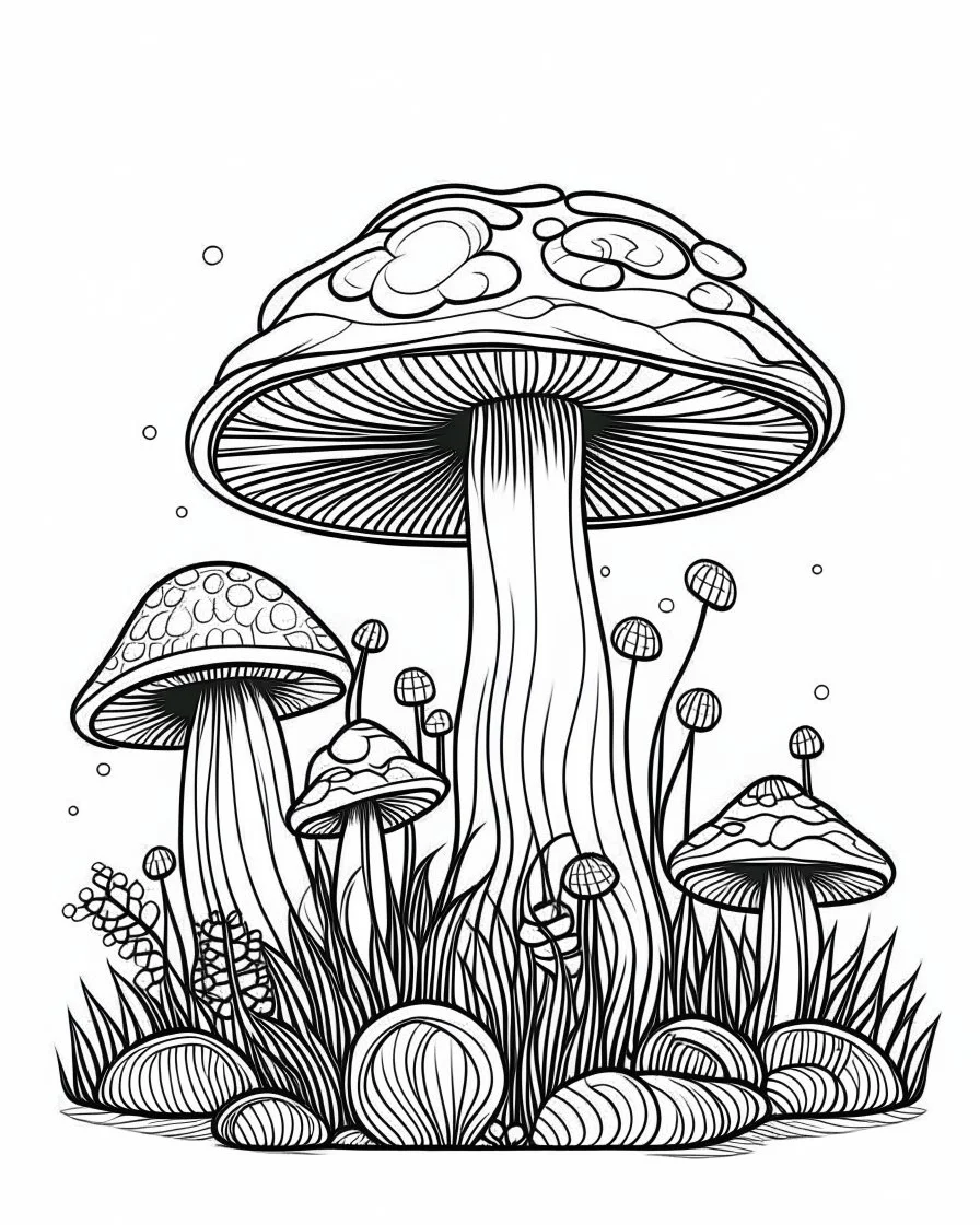 mushroom world minimalistic landscape. line art, background, vector, svg, coloring book page style, black outline on white background