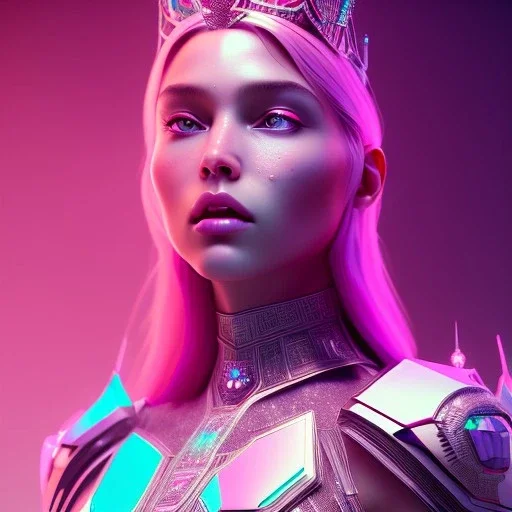 A portrait of a crystalised queen, atmospheric, realistic, unreal engine, cinematic lighting, octane render, transoarent, pink turquoise light