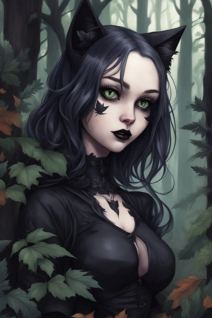 CAT GIRL, goth, forest, nature, cartoon, leaves, boobs, portrait, colour image