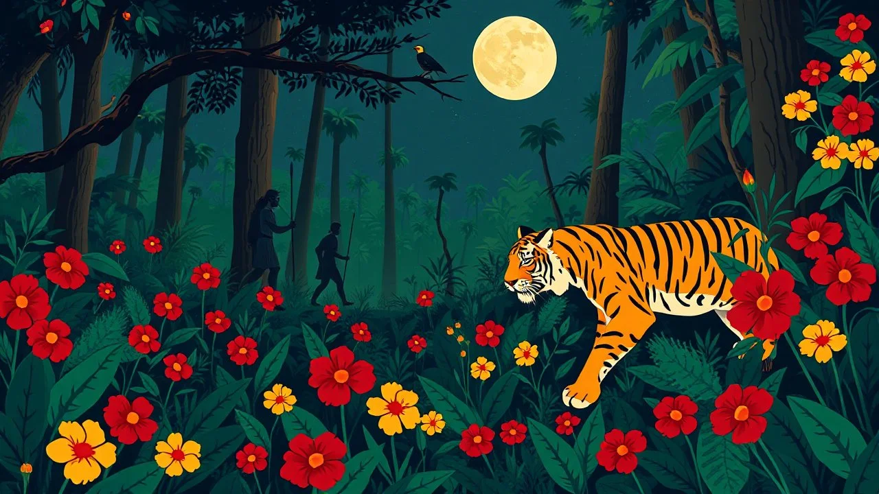 A tiger prowls through a lush jungle filled with dense foliage, vibrant red and yellow flowers, and tall trees. In the background, three figures carrying spears walk through the undergrowth, and a full moon shines in the night sky. A bird perches on a branch in the upper center of the image. The scene is rendered in a naive, dreamlike style with bold colors and flattened perspective.