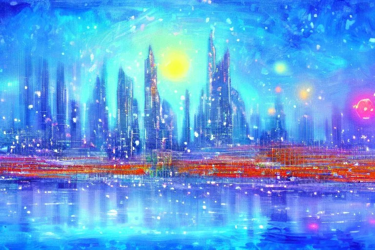 Science fiction city near frozen lake, impressionism painting