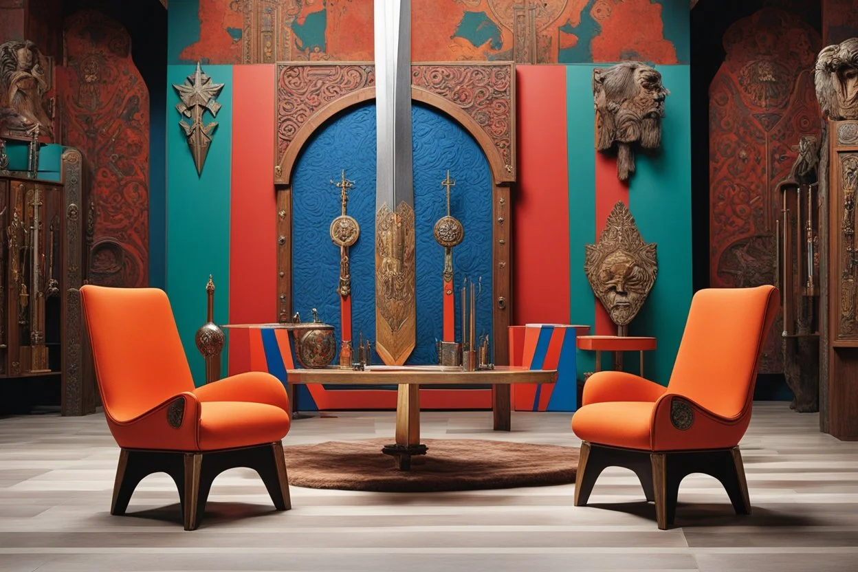 (design by Mario Bellini, 1970) magine an armory filled with items that scream historical allure and quirky style. The sword with bold geometric engravings steals the spotlight, proudly displayed alongside a shield adorned with psychedelic patterns. Take a seat on the shaggy, vibrant-toned chairs for a moment of respite amidst the weapon display. The sleek, angular weapon racks showcase relics from ancient battles, while the fiery-colored torches cast a warm glow over the arsenal, their intrica