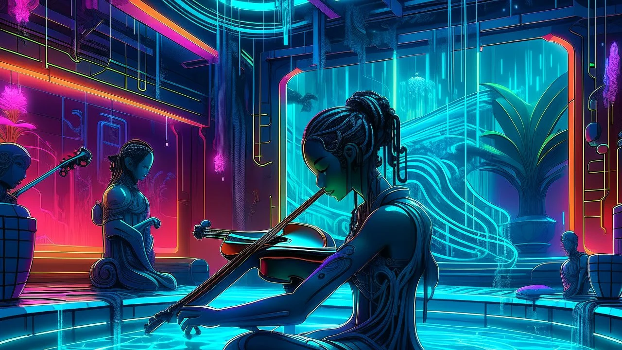 A modern digital illustration of a futuristic bathhouse where a musician is playing a glowing violin as water cascades around them. Their hair is braided with glowing neon strands, adding a cyberpunk twist to the serene scene.