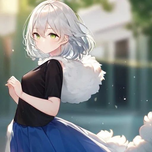 Clear focus, High resolution, light grey short hair, dark green eyes, wearing a black t-shirt and blue skirt, fluffy hair, detailed outfit