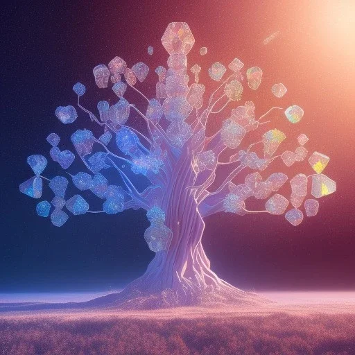 hedjuk,Tree of Life, crystal city crystalline in the sky, renderin, room, cosmic, opalescent, 100mm, opalescent, gemstones, crystals, object, other worldly,water, cristal rock ,bright, ice backg