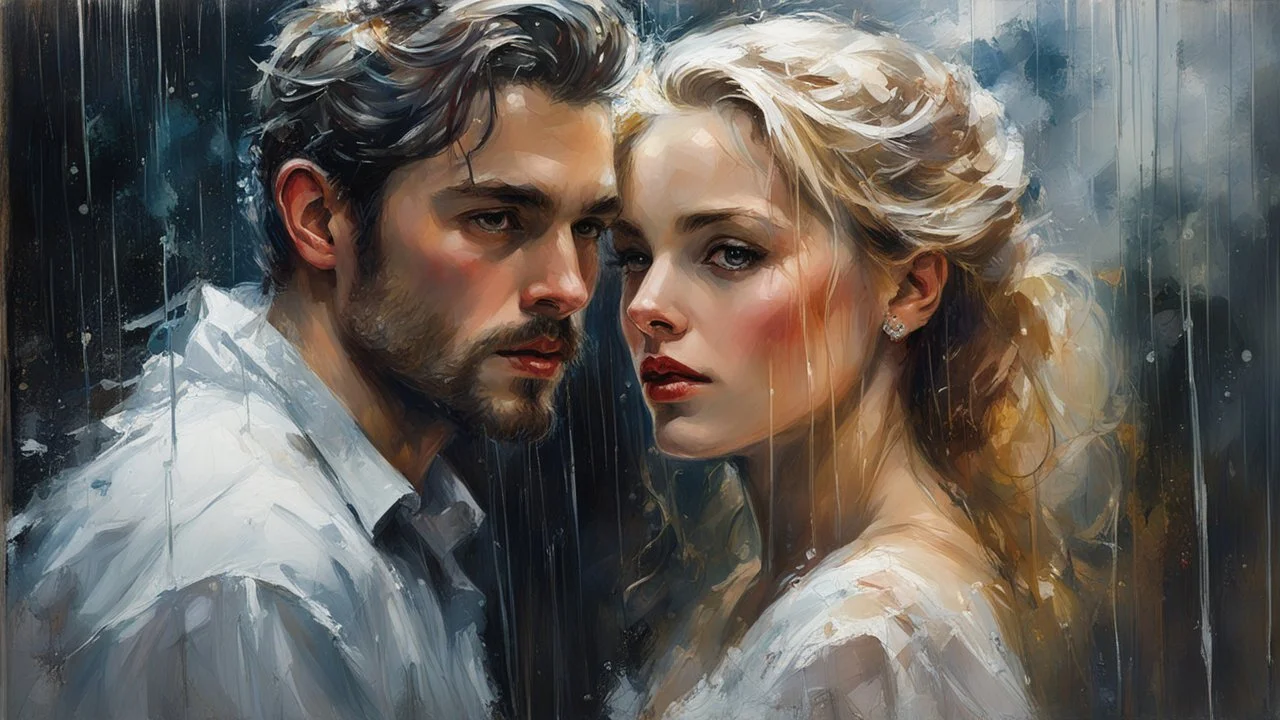 Portrait of a man and a stunningly beautiful blonde woman, made of tulle, window, rain, detailed fabric painting, Candlelight Insanely detailed painting by Pino Daeni, Jeremy Mann, Carne_Griffiths, Vadim Kashin, James Gurney, thick paint strokes, texture, 16k resolution, fine art, natural light, beautiful