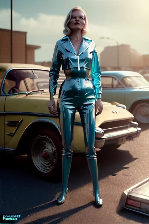 Ultra Realistic retro sci-fi, Supermarket parking scene, 1960 year, blonde woman, sweet young Kate moss face, x ray lights eyes, face makeup, tight latex coat, levitating cars, many panic people, Retro sci-fi style, soft color, highly detailed, unreal engine 5, ray tracing, RTX, lumen lighting, ultra detail, volumetric lighting, 3d, finely drawn, high definition, high resolution.