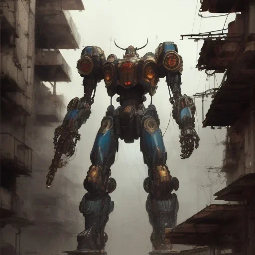 giant mecha in the favela street , close up by Greg Rutkowski, matte painting, intricate, fantasy concept art, elegant, by Stanley Artgerm Lau, WLOP, golden ratio, thomas kindkade, alphonse mucha, loish, norman Rockwell,