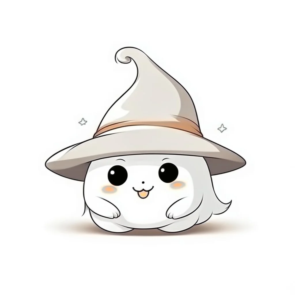 drawing of cute small mochi character with whitch hat on, on white background