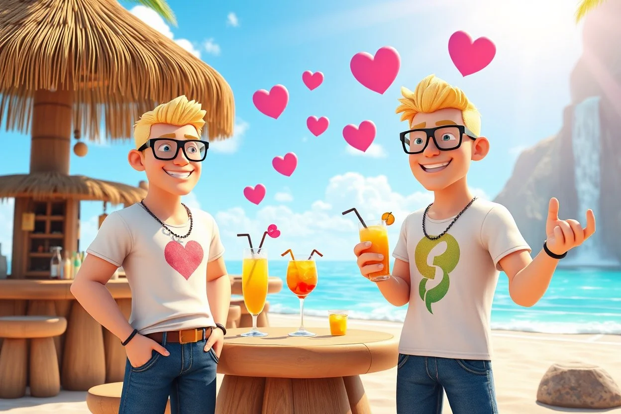 3D video game characters, a short blonde haired man wearing eyeglasses, t-shirts and jeans at the beach in sunshine, tiki bar, cocktails, hearts, waterfall, happiness