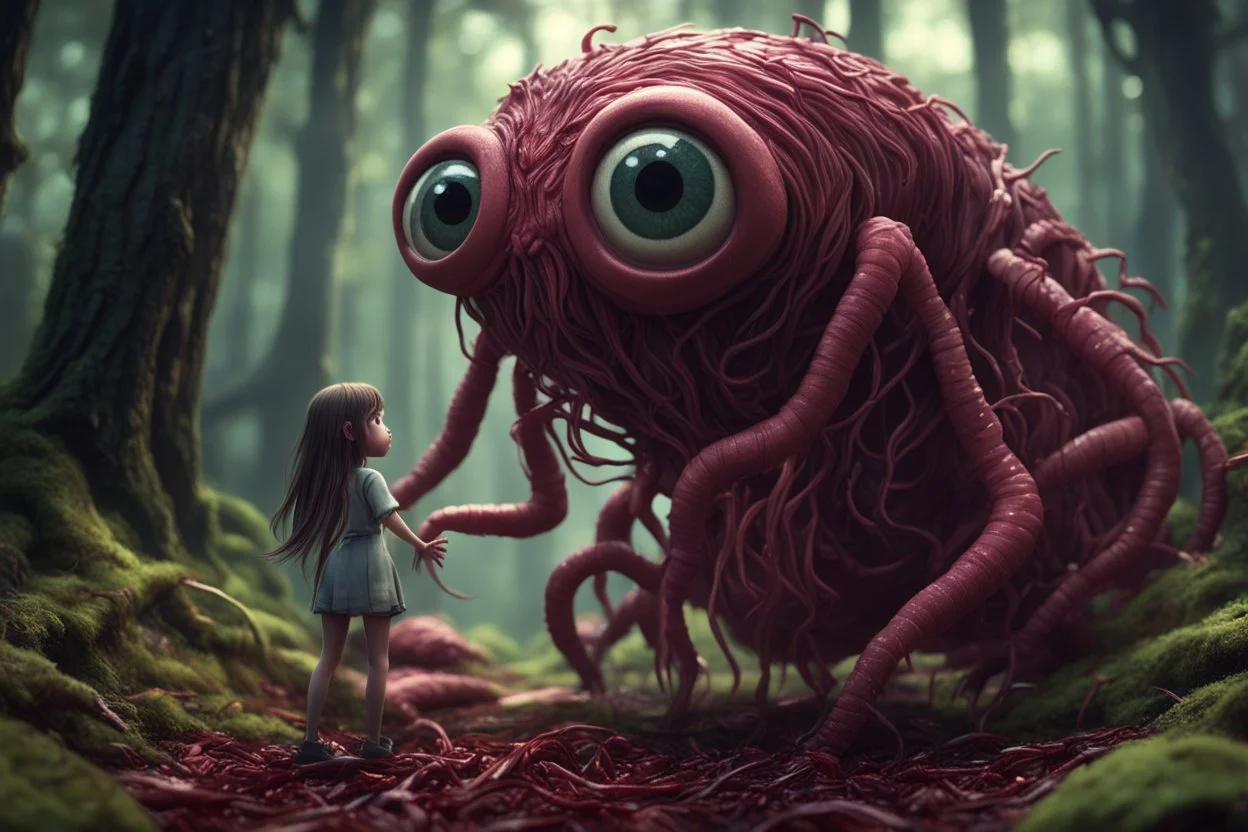 Rare parasite creature holding a girl meanwhile many worms streaming from his eyes in the forest, fullbody, macro photography, darkred tones,high detailed, 3d pixar disney the cinematic FKAA, TXAA, and RTX graphics technology employed for stunning detail.