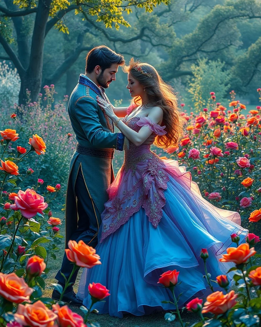 Beautiful Princess Romantic dancing salsa with handsome prince in Wild garden, flower beds, fractal ornamentation, over detailed, gloriously full and confusing, nothing that really exists, everything made up, fantasy world, sweet briar, photography graphic art, song birds, ochre rose, rose buds, dewy morning, forest of oaks,